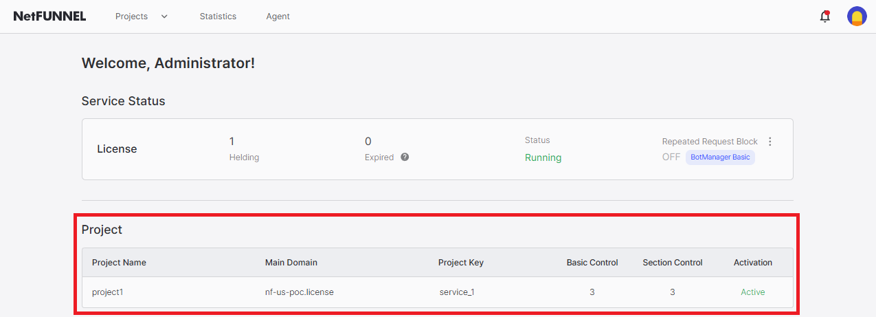 Project Section on Console Home