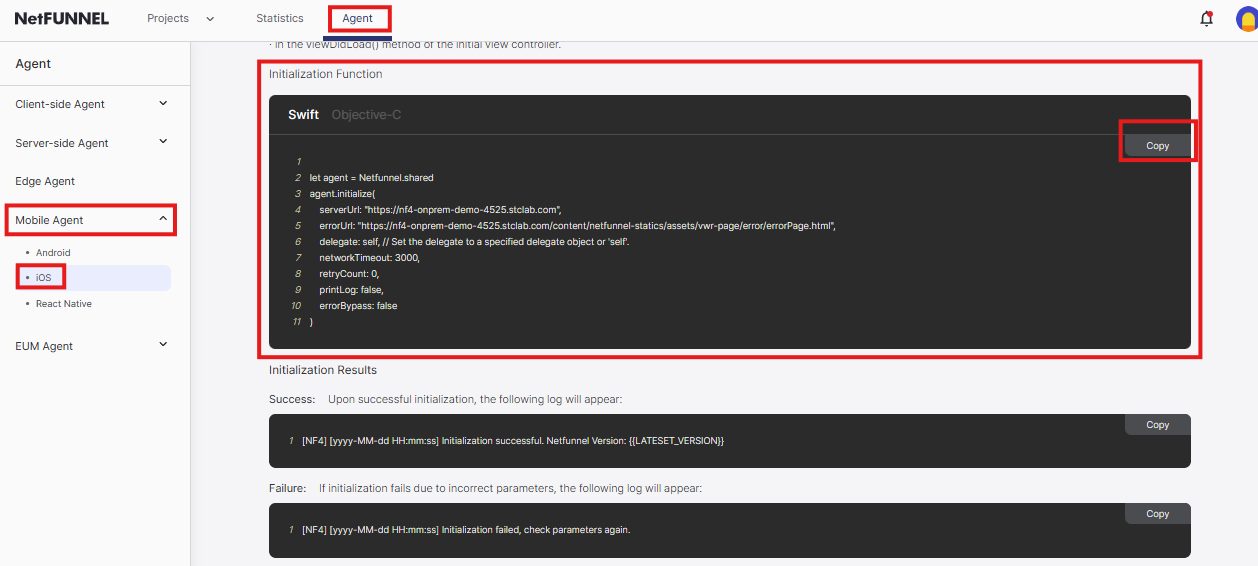 iOS Agent Initialization Code from NetFUNNEL Console