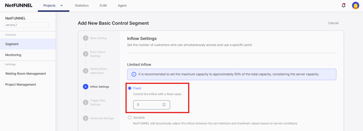 Limited inflow setting