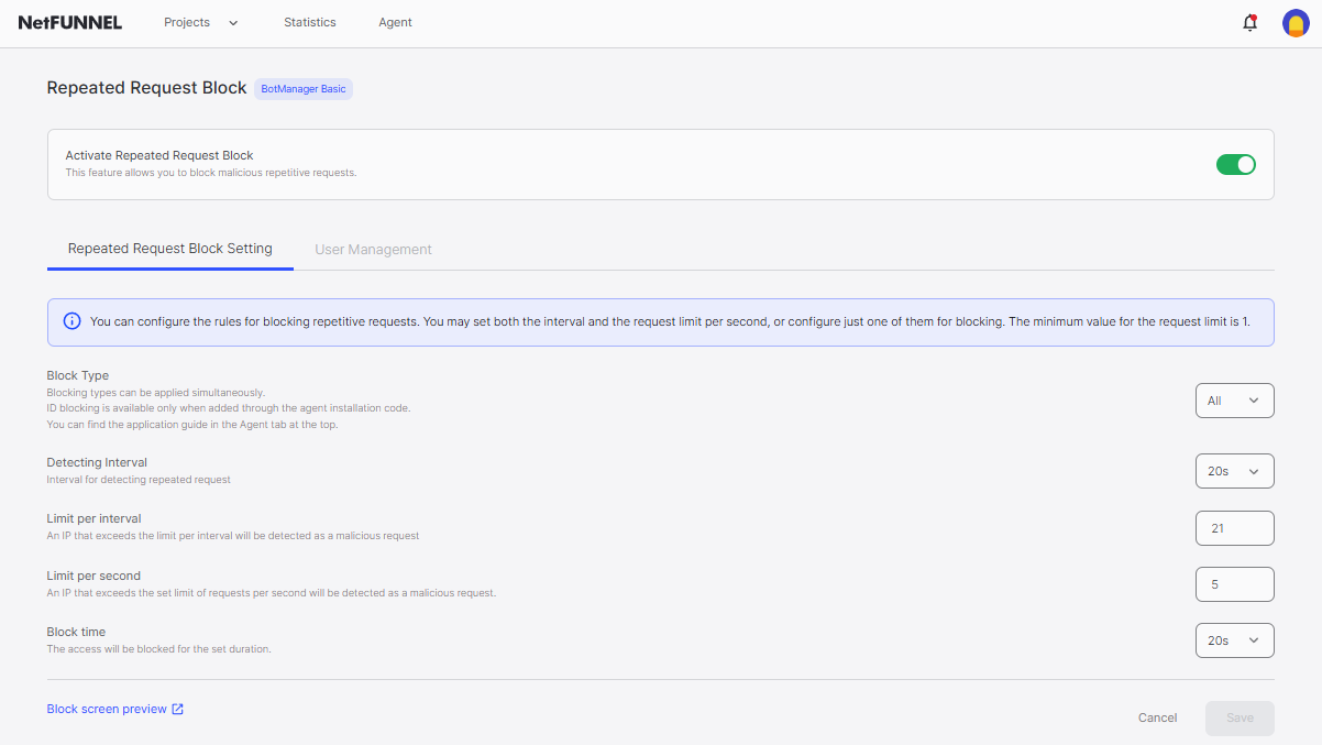 Repeated Request Block Settings Page