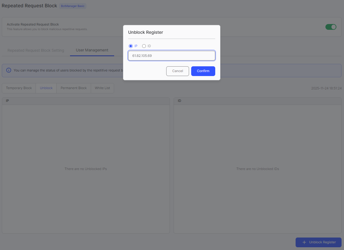 Unblock Register Dialog