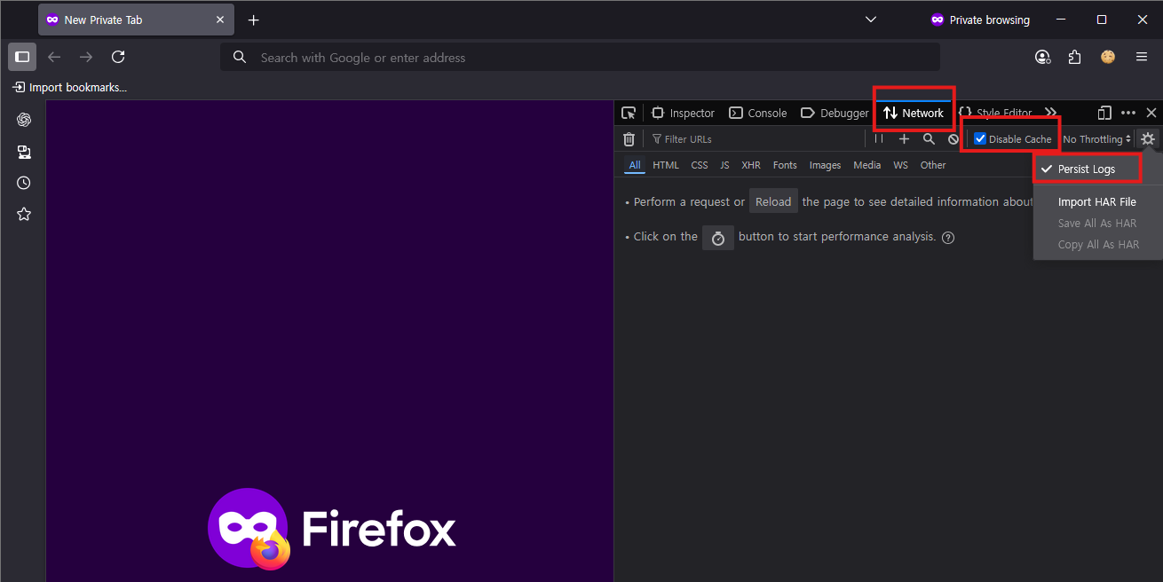 DevTools network settings