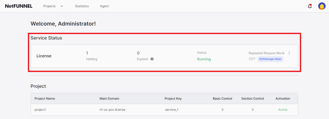 Service Status Section on Console Home